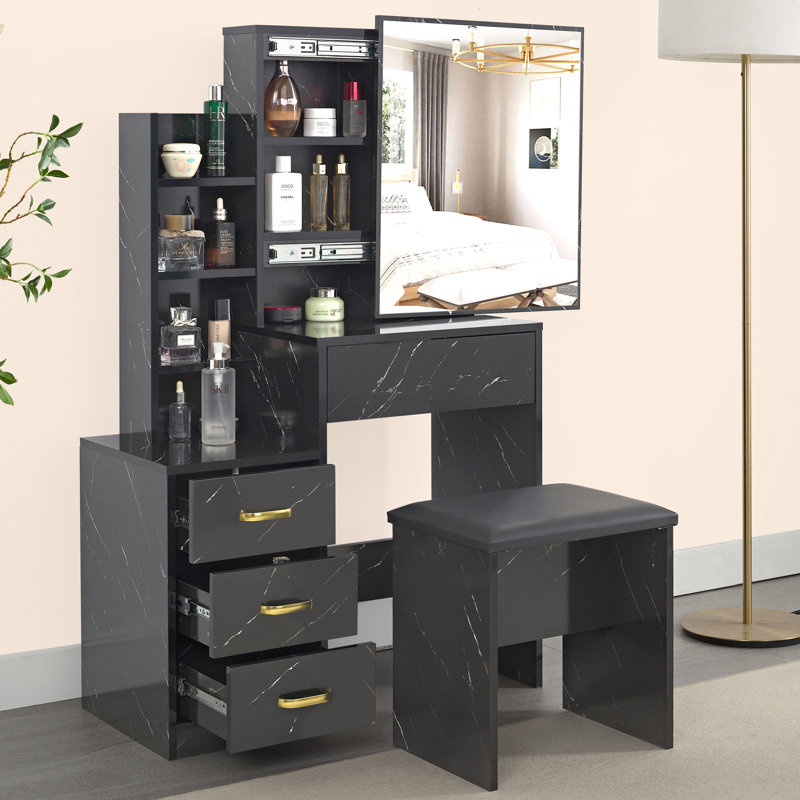 Barranca Dressing Table with Sliding Mirror, Black Marble
