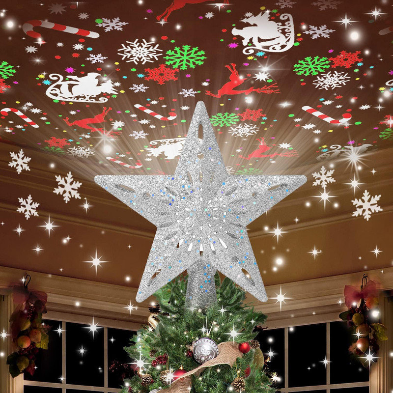 Christmas Tree Topper Lighted with 6 Projection Modes,Christmas Star Tree Topper Built-in LED Rotating Lights