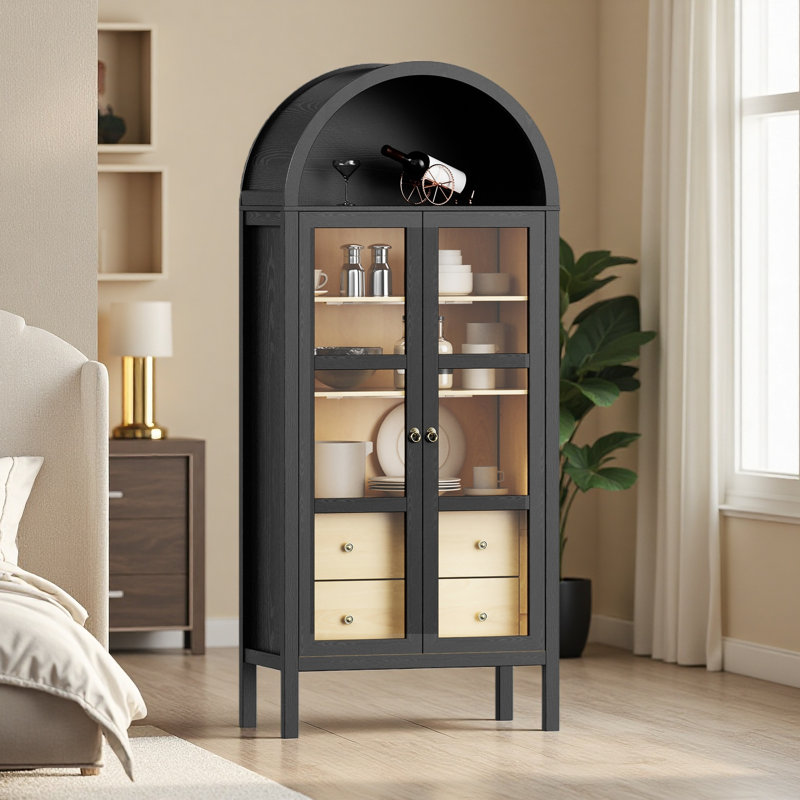 Modern Arched Cabinet With Glass Doors,72" Tall Auto Sensor Light Farmhouse Arch Storage Cabinet With Height Adjustable Shelf And 2 Drawers Display Bookshelf
