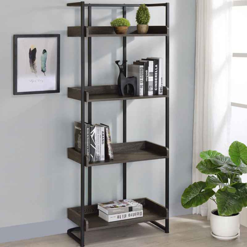 Bibliothèque à finition ouverte de style industriel avec 4 tablettes en chêne foncé