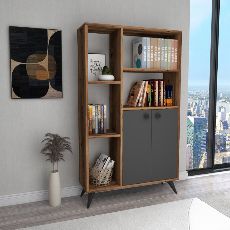 Bookcase with Storage Buzbee, Light Walnut/Beige