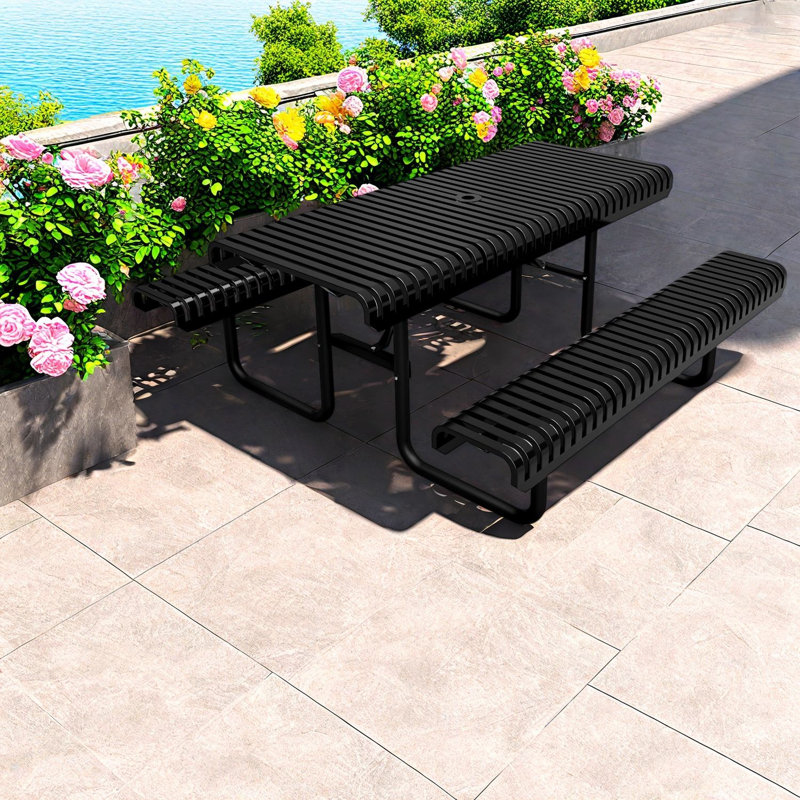 Tables de patio de qualité commerciale, table de pique-nique en acier noir avec trou pour parasol