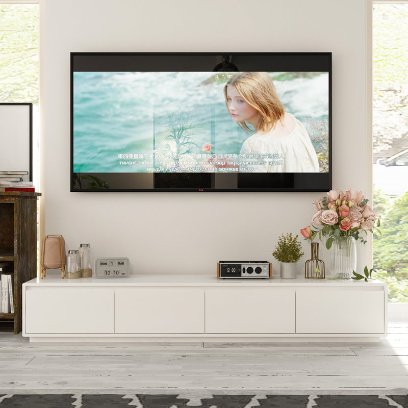 Meuble télé 4 tiroirs avec lumières réglables, Blanc