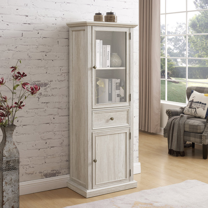 64.9” H Freestanding Bookcase Storage Cabinet with Glass Door, Adjustable Shelf, and 1 Drawer, White