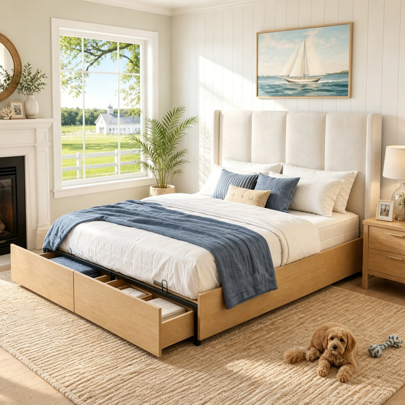 Modern Storage Platform Bed with Extra-Tall Wingback Headboard and Hidden Footboard Drawers, Beige, King