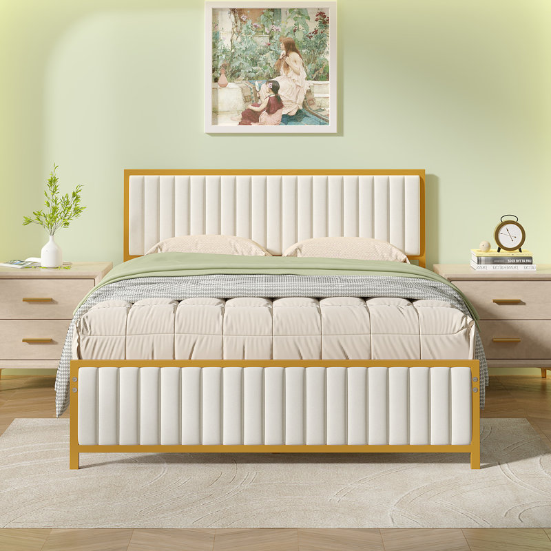 Metal Platform Bed Frame With Upholstered Headboard And Footboard, Heavy Duty Steel Slats Platform Bed, No Box Spring Needed