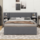 Queen-Size Upholstered Platform Bed With Reading Lights, Drawers, Pull-Out Guest Bed, And Shelving Units