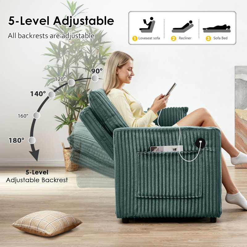 65 In Full Sleeper Sofa Bed, Convertible Pull Out Couch With Small Table, Green