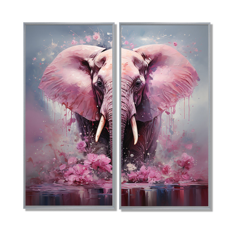 Rose, éléphant géant romantique - art mural moderne brun, H 40 po x l 40 po, Argent argent, Impression encadrée flottante