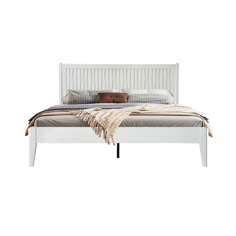 Structure de lit plateforme en bois massif avec tête de lit et pied de lit, conception silencieuse et antidérapante, pieds en métal au centre, 12 lattes robustes, aucun sommier requis, finition blanc pur