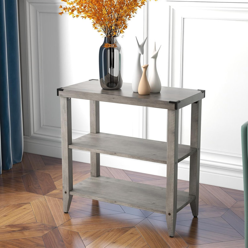 Grey Farmhouse End Table, 3 Tier Rustic Side Table