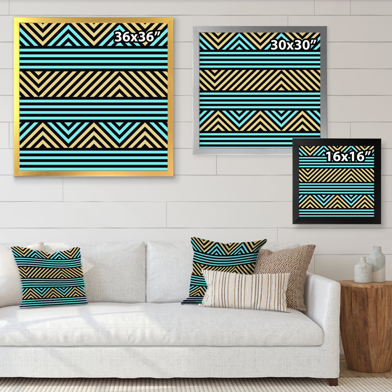 Triangles géométriques bleus et jaunes - Impression sur toile, H 36 po x l 36 po, Cadre photo noir