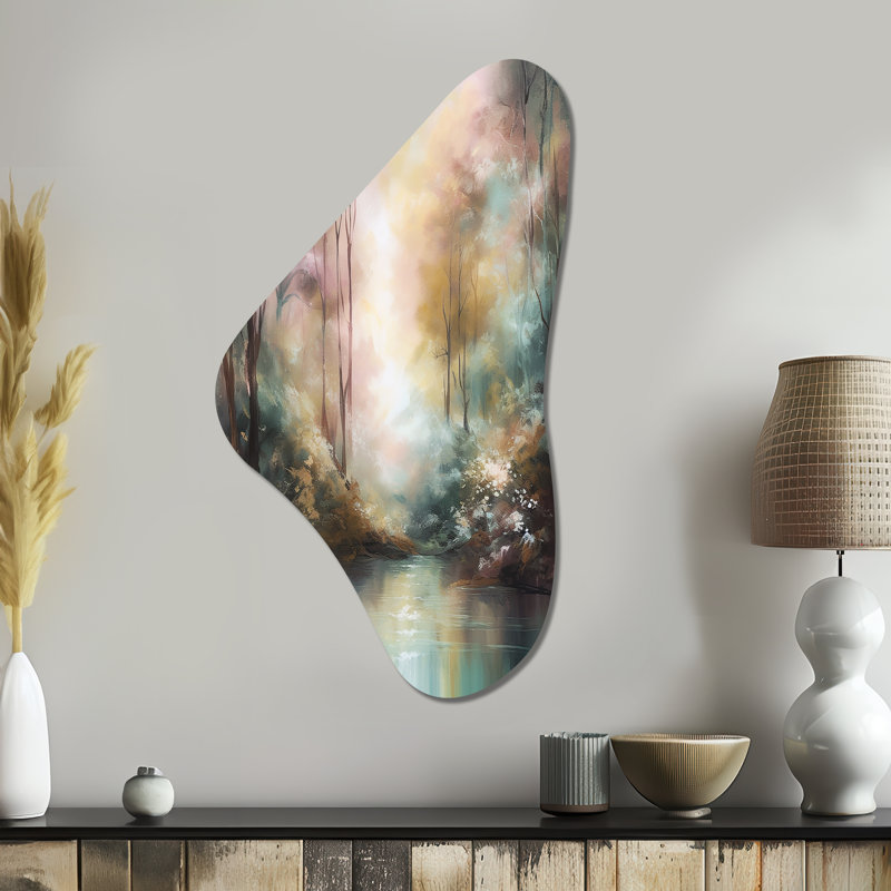 «Whimsical Stream - Mountains Boomerang Shape», art mural asymétrique en métal, H 39 po x l 21 po