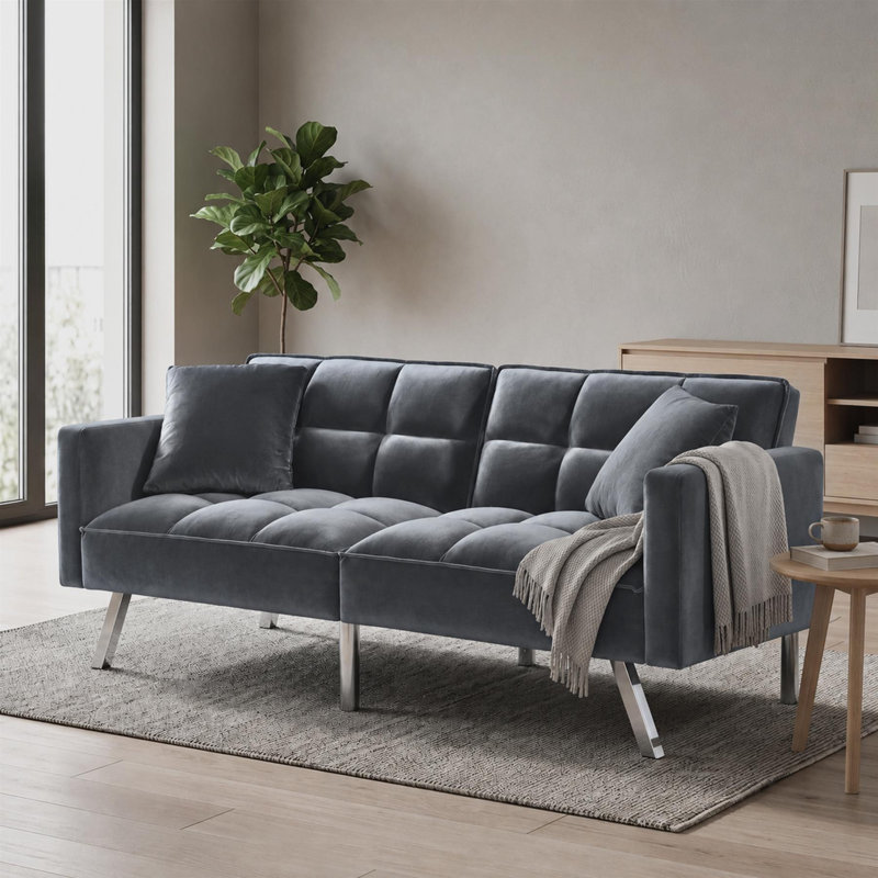 Orianna 2 Seater Convertible Velvet Sleeper Sofa, Grey Velvet