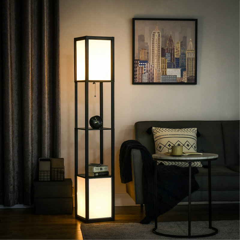 Lampe sur pied moderne avec tablettes et double éclairage ambiant