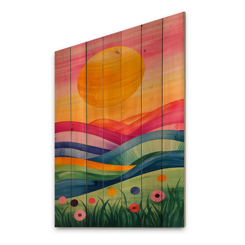 Lever de soleil couleur prairies en été I - Paysage traditionnel en bois, décoration murale sur bois de pin naturel