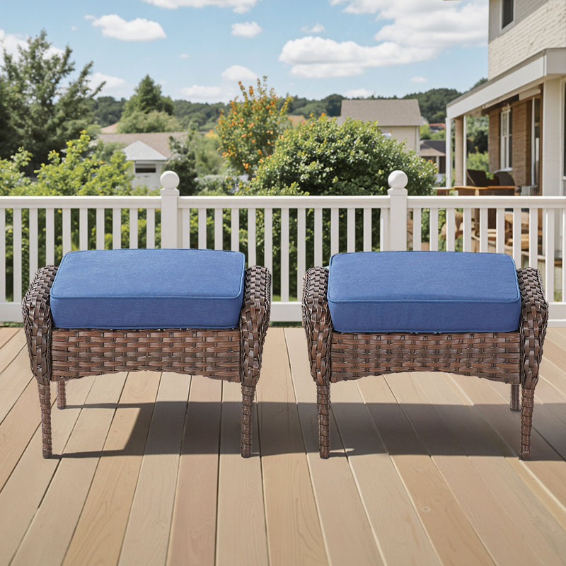 Ensemble de 2 repose-pieds d'extérieur en osier PE avec coussin pour la cour ou la terrasse, Bleu, Brun