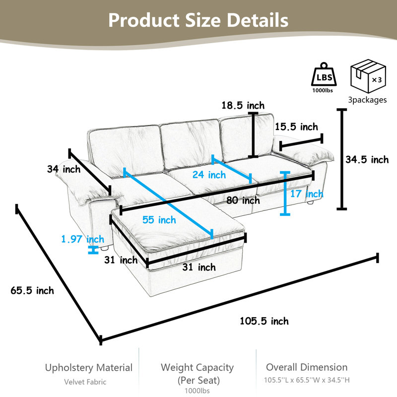 Canapé modulaire en L rembourré de 105,5 po avec repose-pieds avec rangement, canapé en velours moderne avec coussins profonds, canapé peu encombrant pour appartement et salon