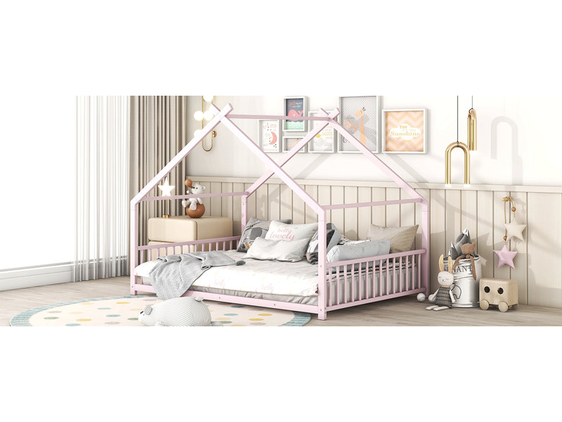 Lit en métal pour chambre d'amis Christenson, Lit double, Rose