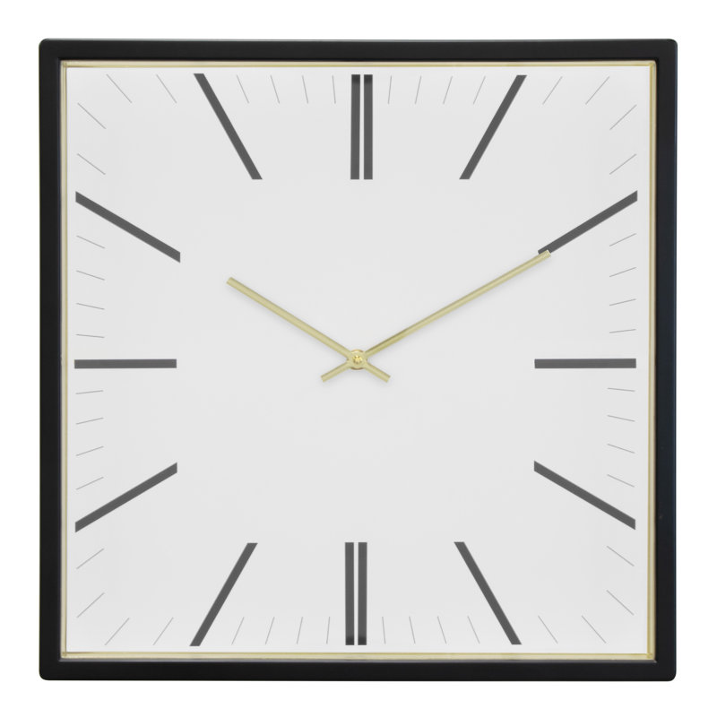 FORMA Square Modern Wall Clock, 16" Minimalist Black Frame with Gold Trim, Quartz Movement, Glass Face, Contemporary Indoor Wall Décor