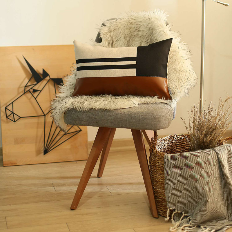 Bohemian Handmade Vegan Faux Leather Brown and Black Geometric Lumbar Pillow