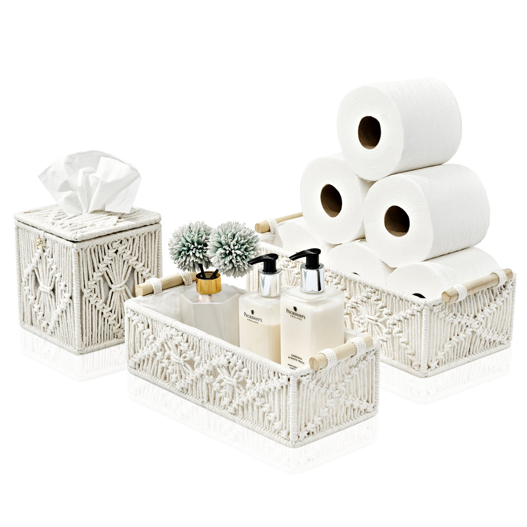 Paper Rope Bathroom Baskets & Tissue Holder Set in White Sorbus