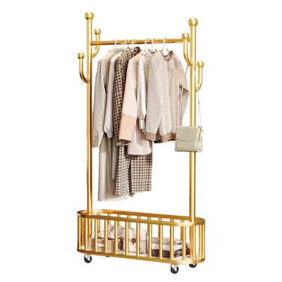 Tringle à vêtements robuste sur roulettes - Portant à vêtements portatif en métal avec tablette de rangement et organisateur de panneau perforé - Portemanteau autoportant pour chambre à coucher, placard, vestibule - Doré