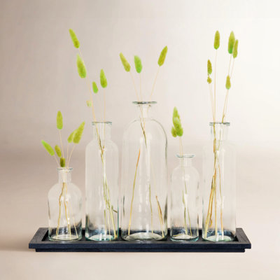 Wood Tray with Glass Bottle Vases