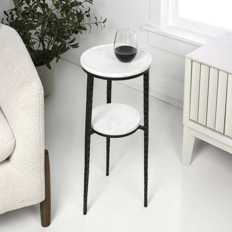 Seraphina Modern 25" Round White Marble 2-Tier Drink Table, Matte Black Metal Small Accent Side End Table for Living Room and Bedroom