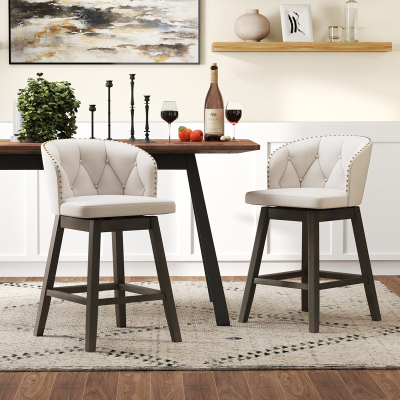 Tabourets de bar à hauteur de comptoir rembourrés en tissu avec siège pivotant à 360 °, Beige, 4