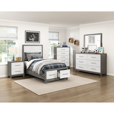 Lit plateforme simple avec rangement, style contemporain et de couleur grise, tiroirs, finition à poignées de barre de roulement en nickel, poignées polies, sans base