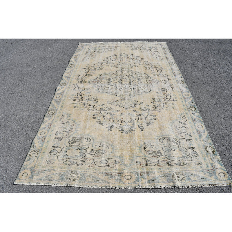 Tapis turc rétro Oushak - fait à la main en laine de style antique oriental nomade brun / beige