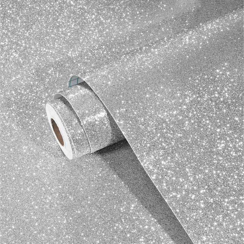 Silver Glitter Peel And Stick Girls Bedroom Wallpaper - Glitter Dresser Worktop Vinyl Covering Sticky Back Plastic Self Adhesive Silver Grey Wallpaper 40Cm X 200Cm