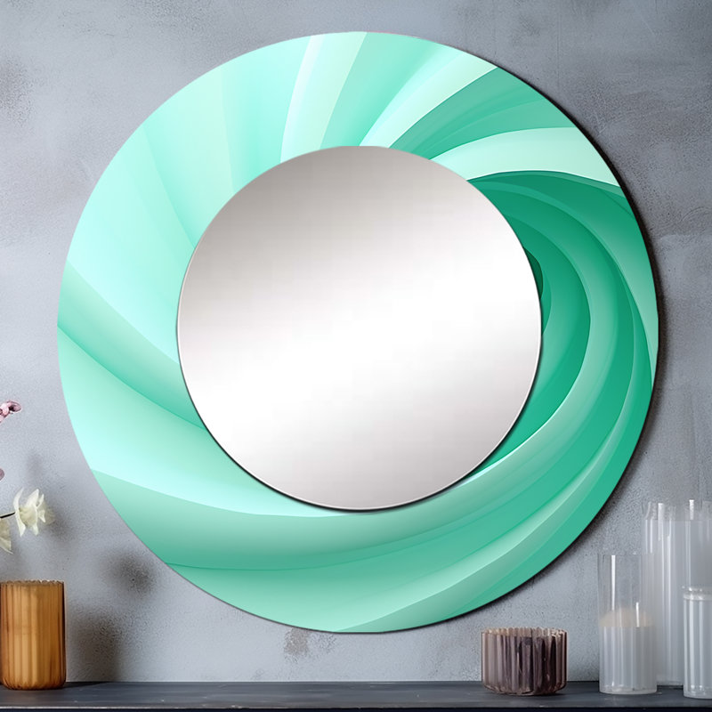 «Green Whimsical Whorl Spiral», miroir décoratif à spirales abstraites, grand miroir mural rond vert, impression sur métal