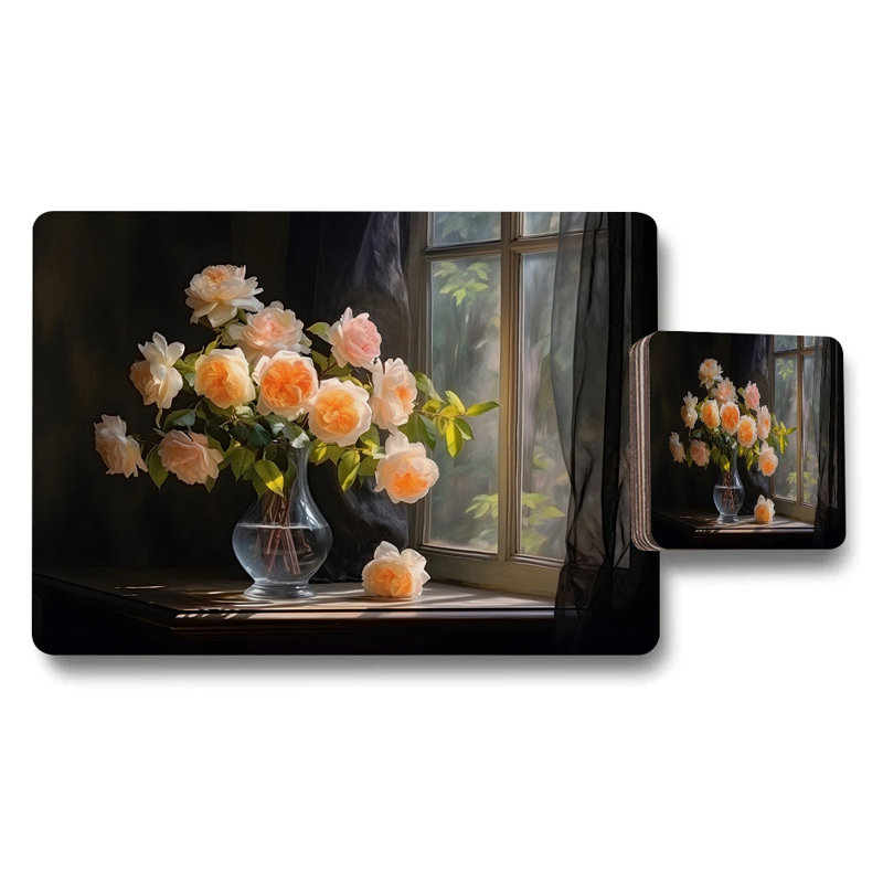 Deluxe Peach Rose Arrangement Placemat and Coaster Set