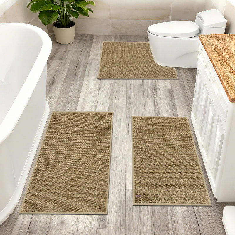 3 Piece Soft Absorbent Microfiber Bath Rug Set With Non-Slip Backing, Beige/Gold