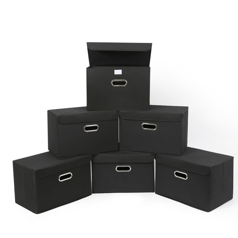 Fabric Storage Cube Bins Foldable Organizer Container Collapsible Basket With Lids And Metal Handles, For Home, Bedroom, Closet 6 Pcs (Black)
