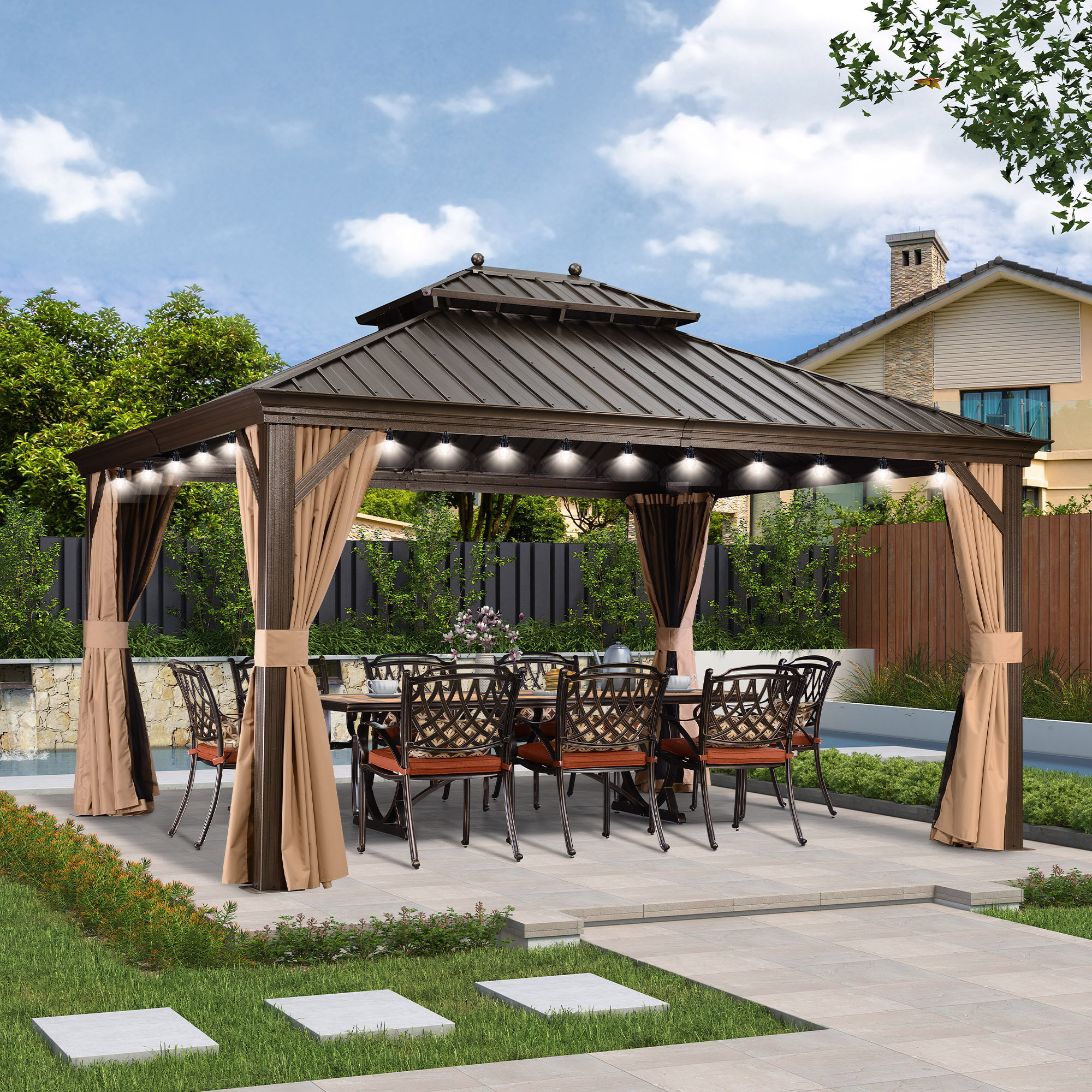 PURPLE LEAF Hardtop Gazebo 12' X 14' with Netting and Curtains Patio ...