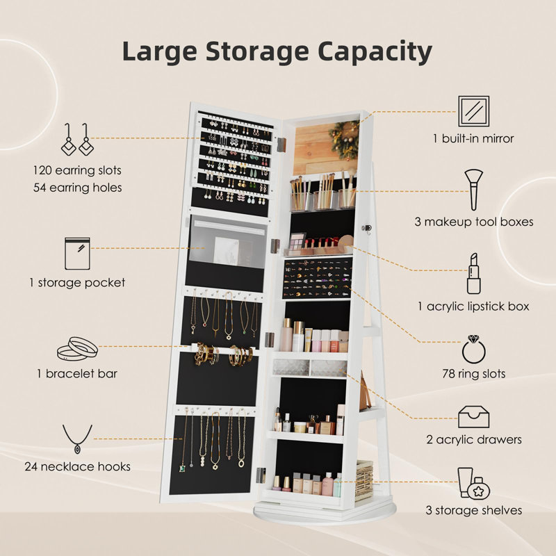 360° Swivel Lockable Jewelry Mirror Cabinet with Storage Shelves, White