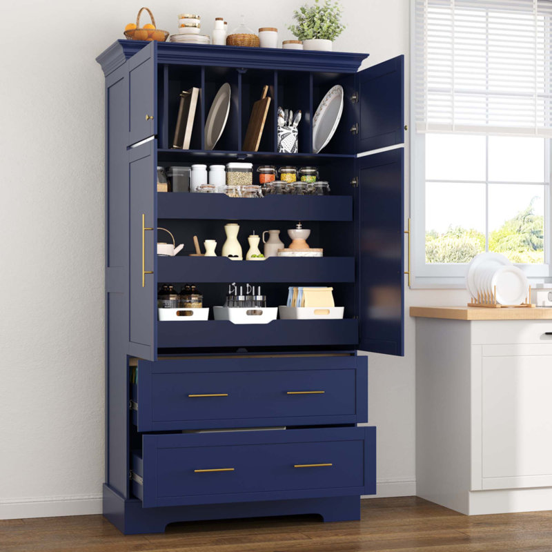Farmhouse Freestanding 40''X18''x72.6'' Kitchen Pantry, Blue/Gold
