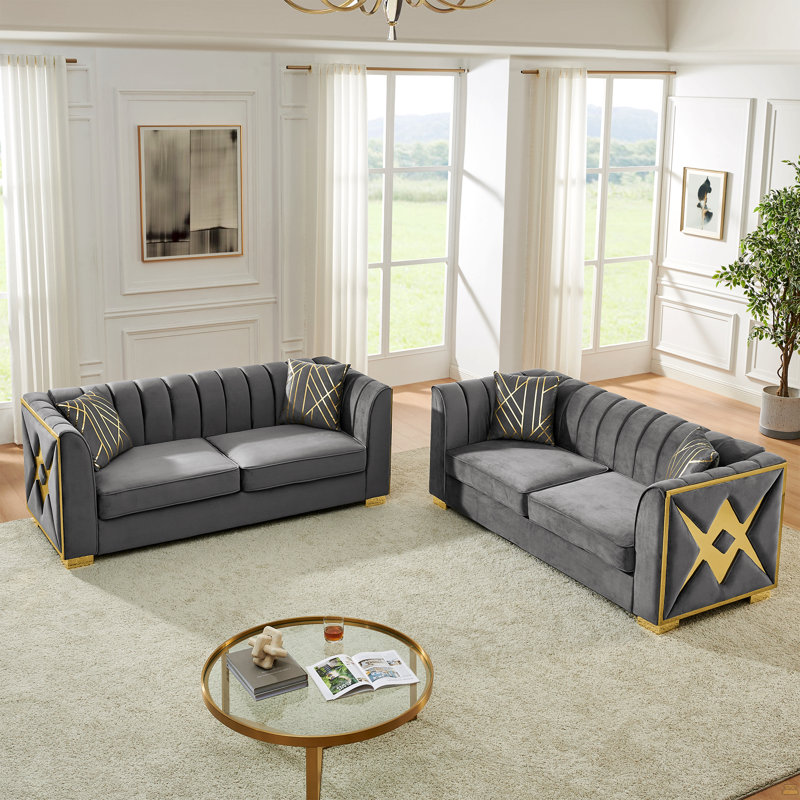 Canapé 81,1 pouces en velours capitonné avec 2 coussins, Gris