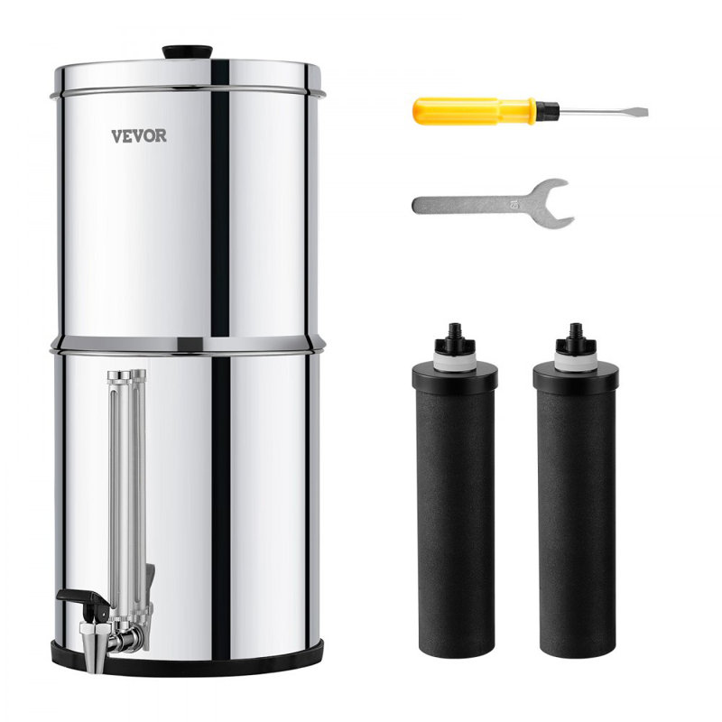Système de comptoir à filtre à eau alimenté par gravité 2,25G 2 filtres en acier inoxydable, Argent / noir mat