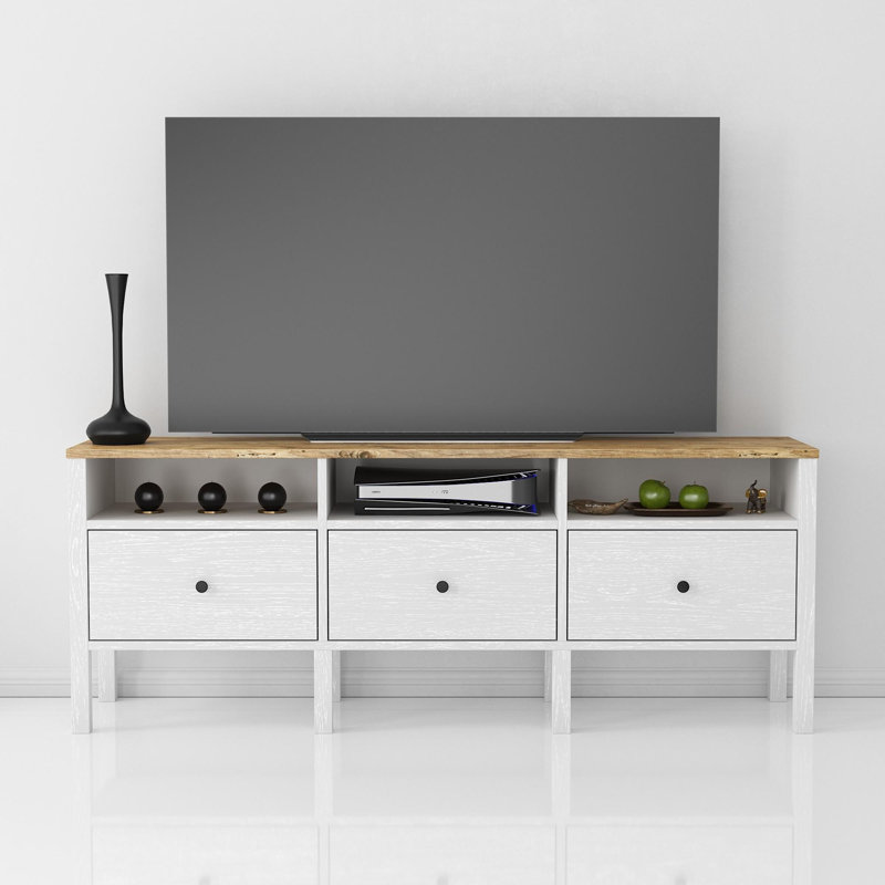Meuble télé 59 po x 22,4 po x 13,8 po Modern Modern Scandinavian | 100% aggloméré avec structure en panneau de fibres à densité moyenne, 0,7 po d'épaisseur | Finition élégante en bois et blanc, poignée en métal, parfaite pour le salon et les espaces de divertissement