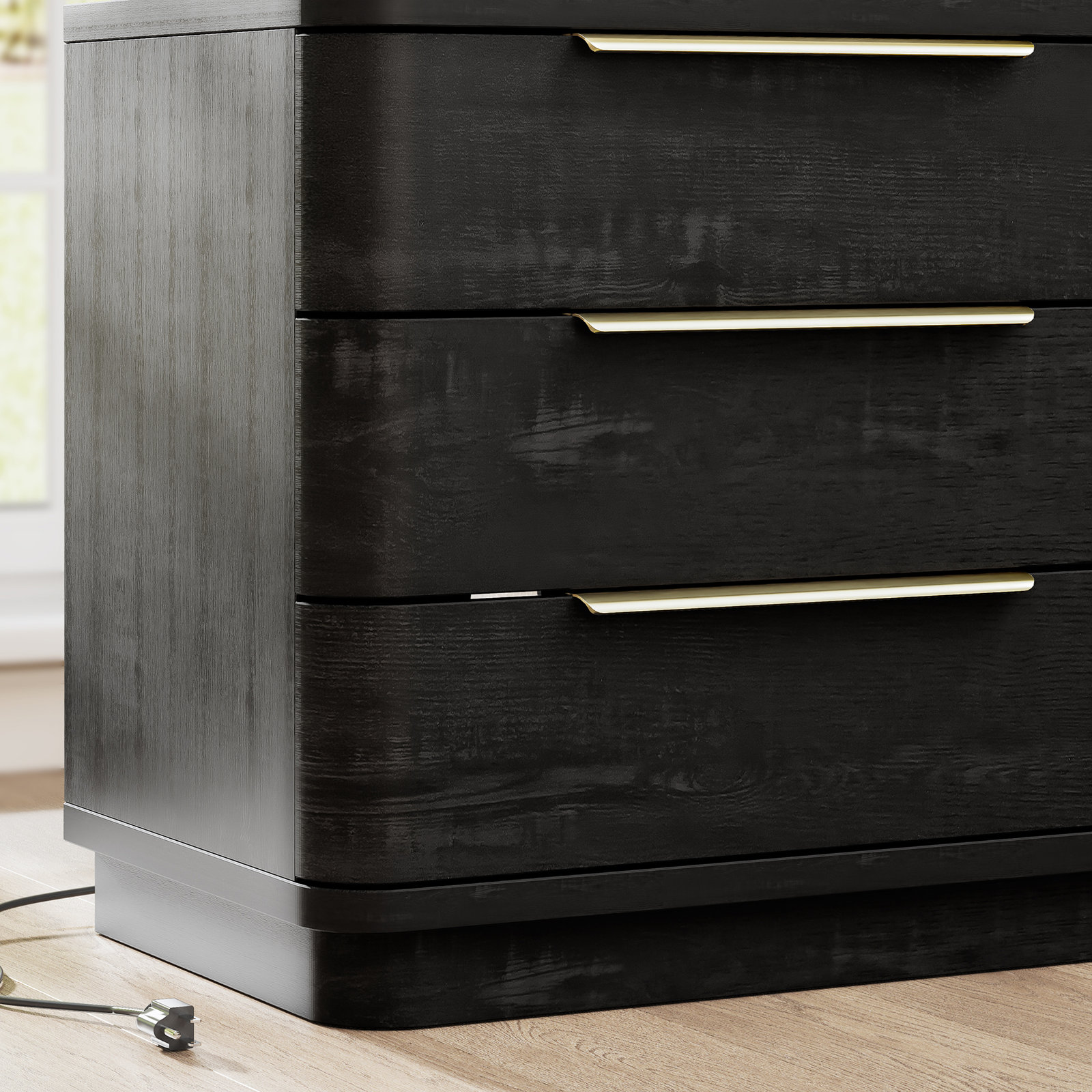 Nightstand With Charging Station, Mid Century Bedside Table With 3 Drawers, Black