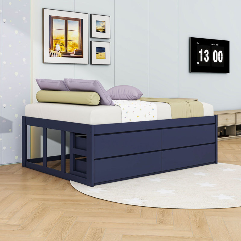 Lit plateforme en bois avec 4 tiroirs de rangement, Full, Navy Blue