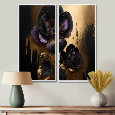 «Black and Gold Violets II - Large Violet», art mural sur toile 2 pièces
