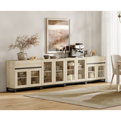 Armoire de rangement avec portes en verre, buffet moderne 3 en 1 avec tablettes réglables et 2 tiroirs, armoire à café pour le salon, cuisine