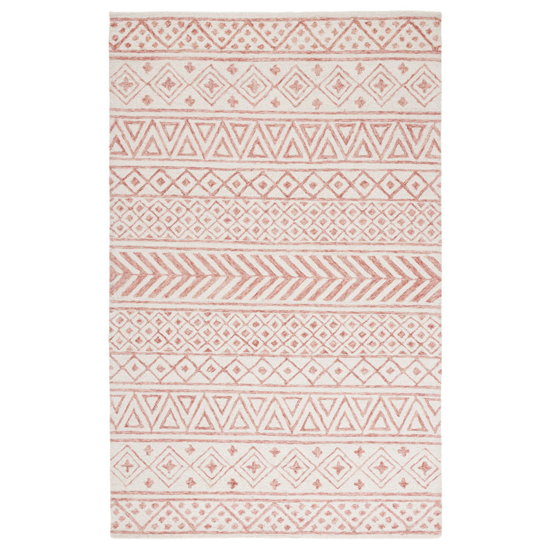 Bewe Hand Tufted Wool/Cotton/Latex Geometric Rug in Ivory/Pink, Rectangle 8' x 10'