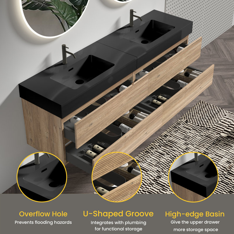Meuble-lavabo flottant 36 po avec évier | 71,7 x 18,12 x 25,29 | Panneau de particules | 1 pièce | Meuble-lavabo | Noir | Conception murale flottante