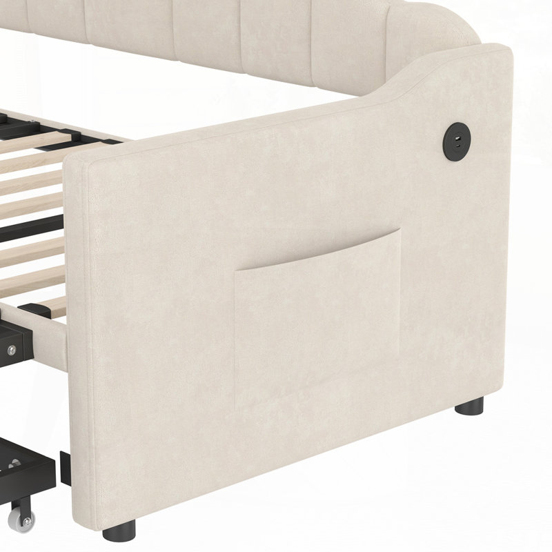 Lit de jour rembourré simple avec lit gigogne, Beige